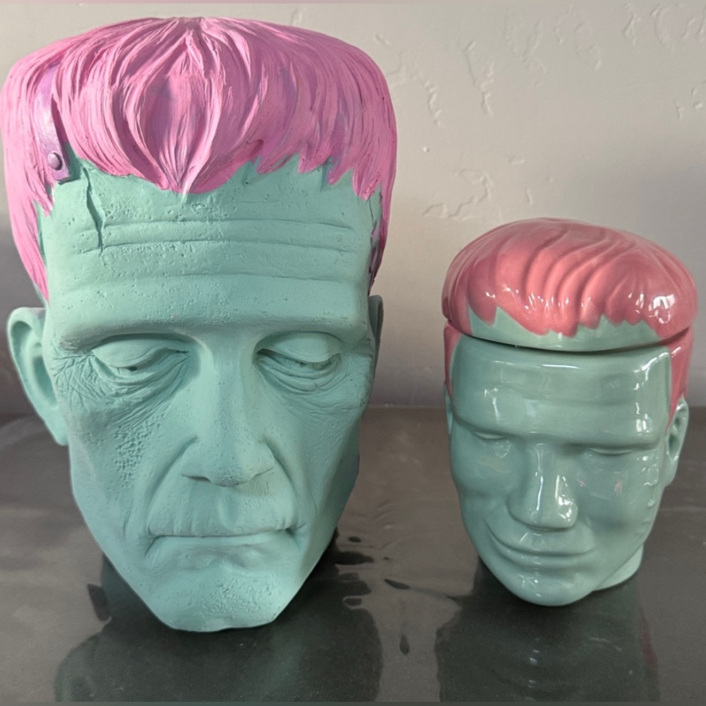Halloween Frankenstein Pink & Green Head & Head Jar with Lid Bundle. Brand New.